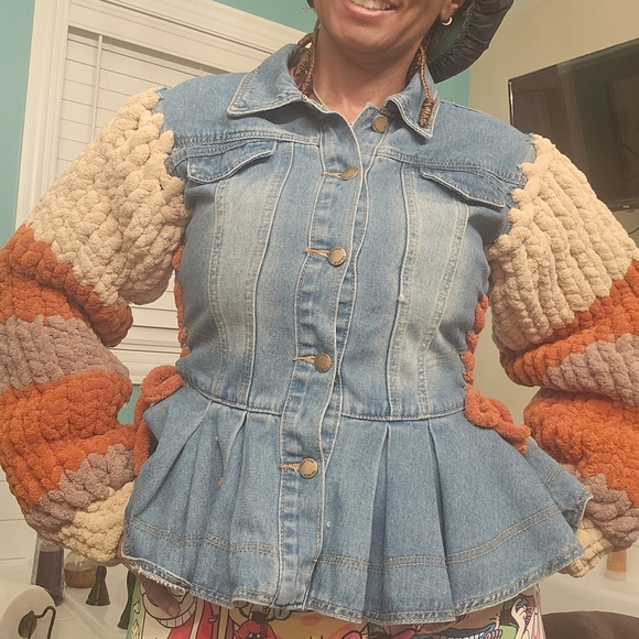 Handmade Jackets & Blazers - Denim Jacket with Multicolor Knit Sleeves